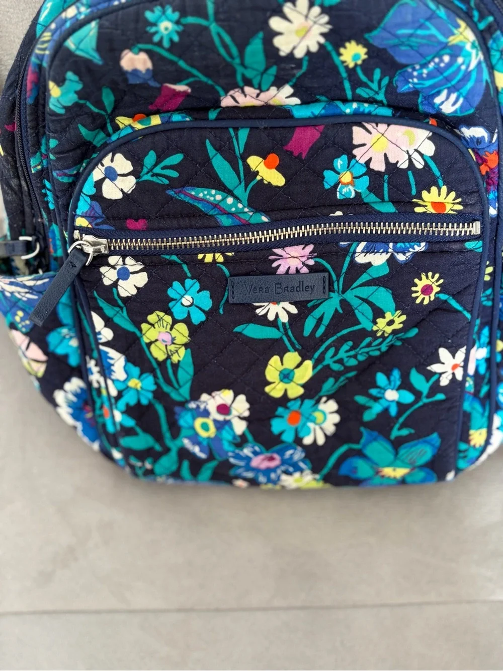 Vera Bradley Black Floral Mini Backpack with Teal, Yellow and White Flowers